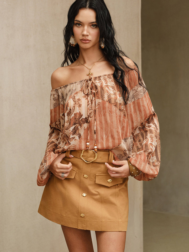 Boho Print Semi-Sheer Chiffon Tie-Front Blouse