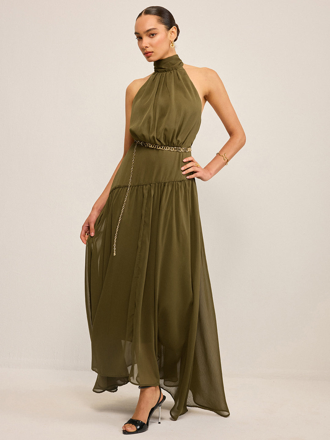 Semi-Sheer Halter Neck Chiffon Maxi Dress with Back Bow