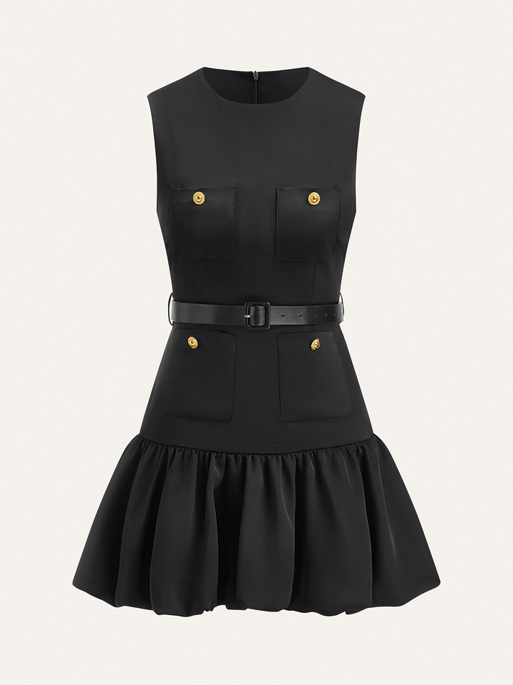 Ruffled Hem Metal Button Mini Dress Without Belt