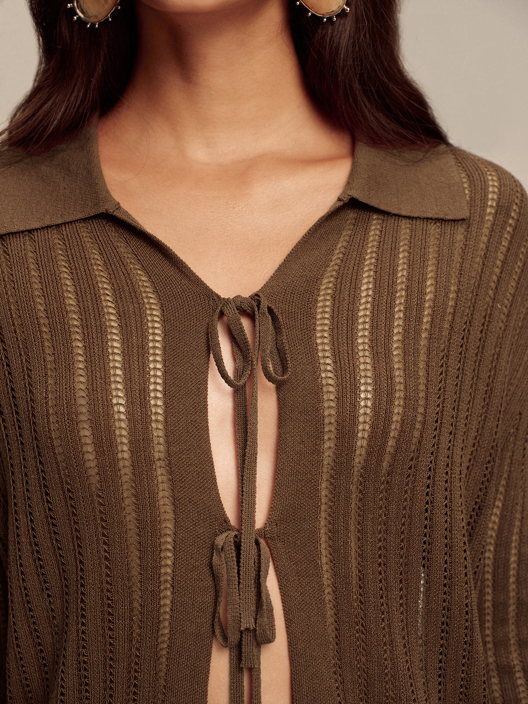 Polo Collar Tie-Front Knit Cardigan
