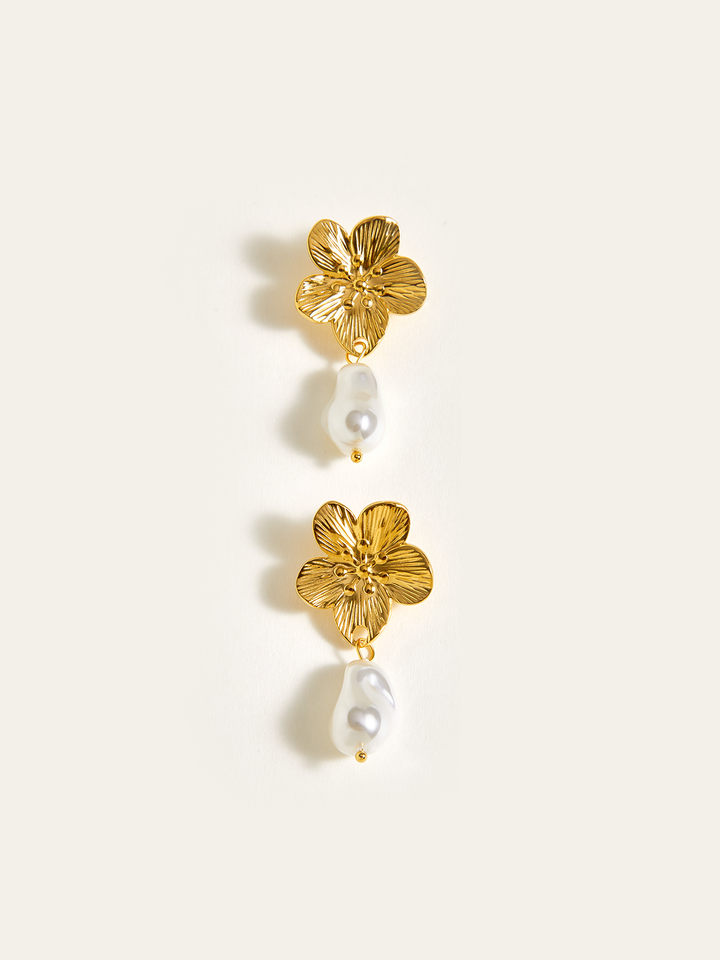 Golden Floral Pearl Drop Earrings