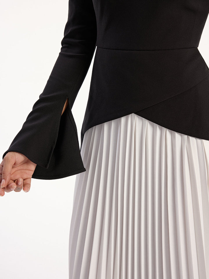 Two-Tone Long Sleeve Pleated Midi Dress