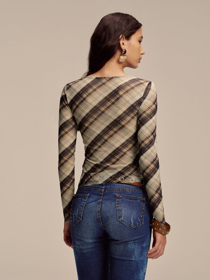 Semi-Sheer Mesh Asymmetric Ruched Blouse