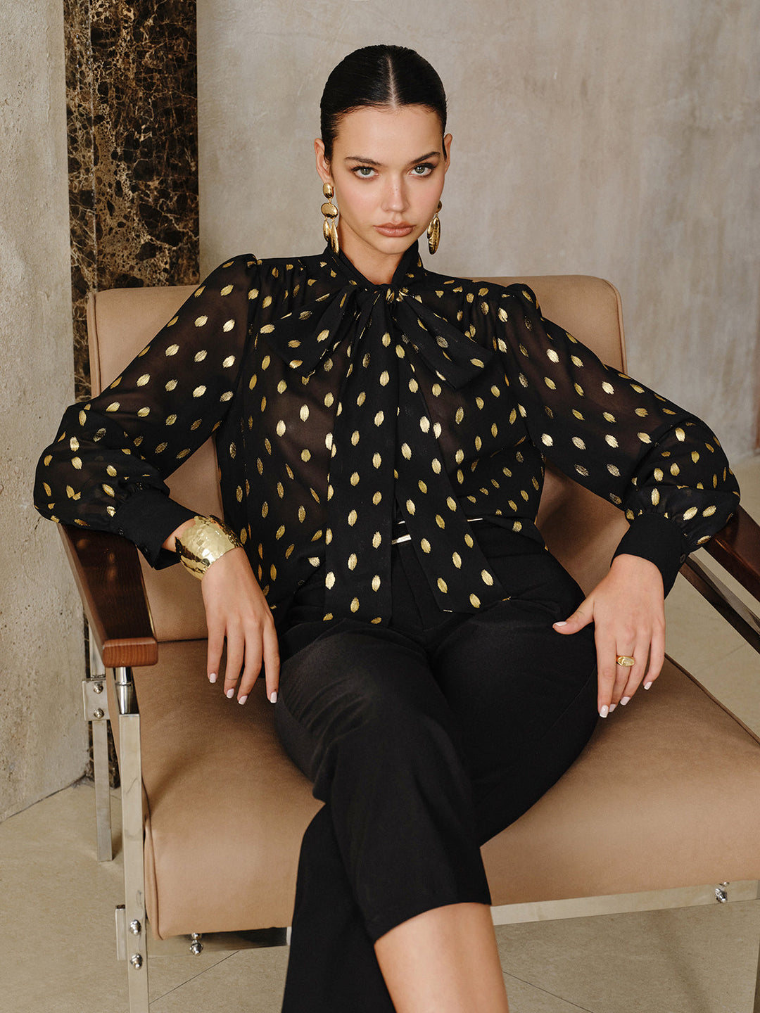 Polka Dot Bow Neckline Semi-Sheer Blouse