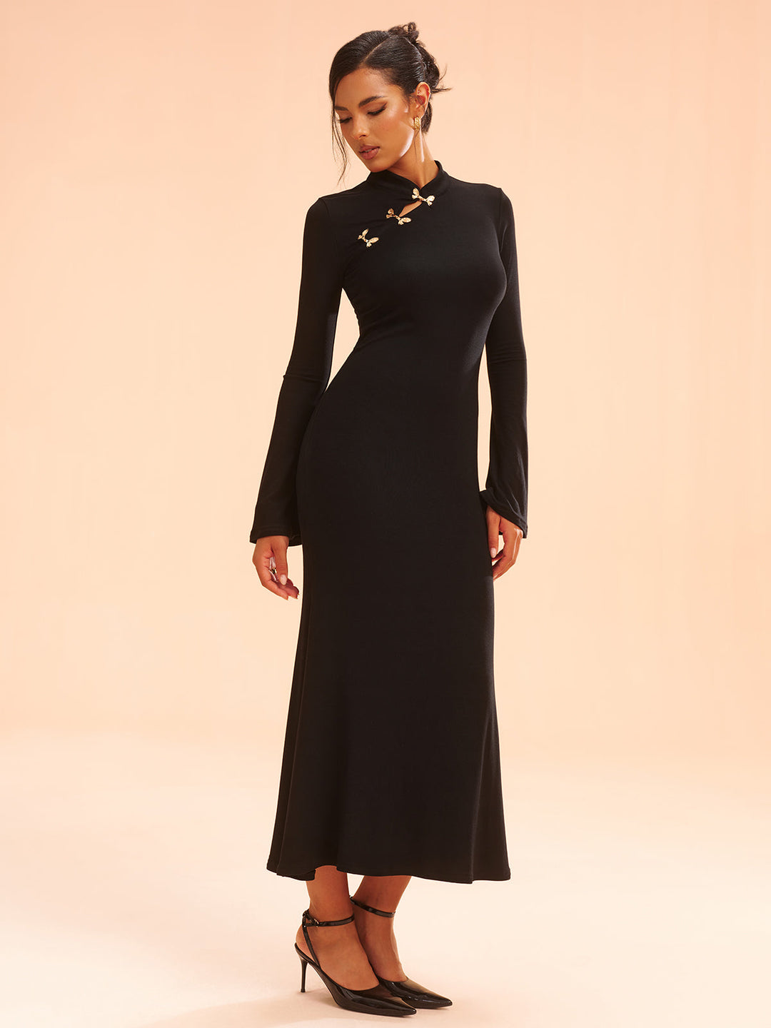 Metal Bow Detail Stand Collar Maxi Dress