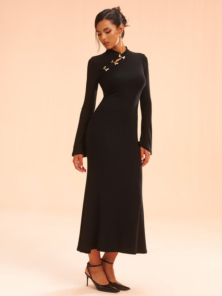 Metal Bow Detail Stand Collar Maxi Dress