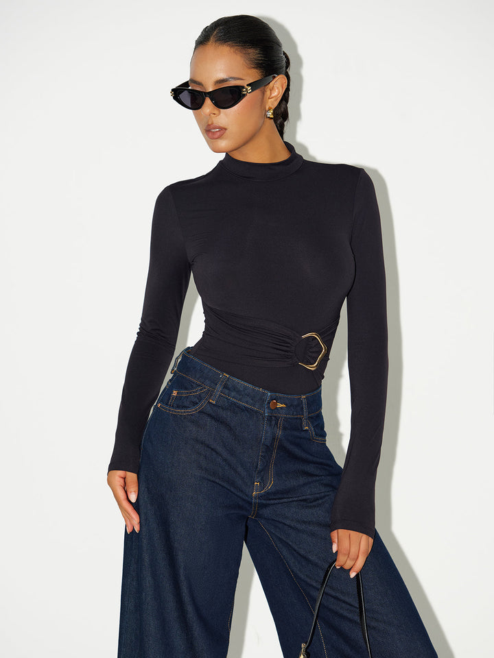 Metal Buckle Stand Collar Long Sleeve Bodysuit