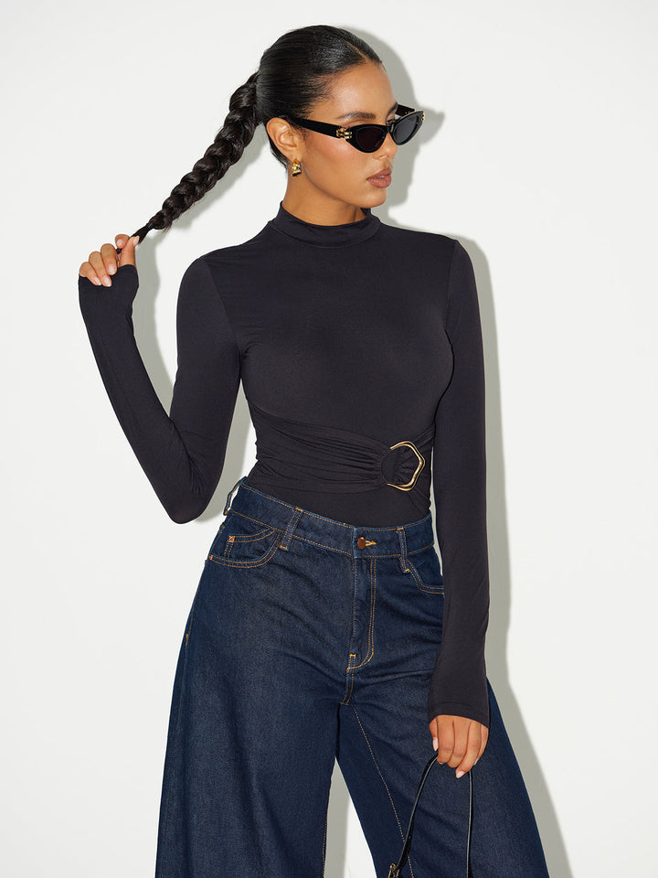 Metal Buckle Stand Collar Long Sleeve Bodysuit