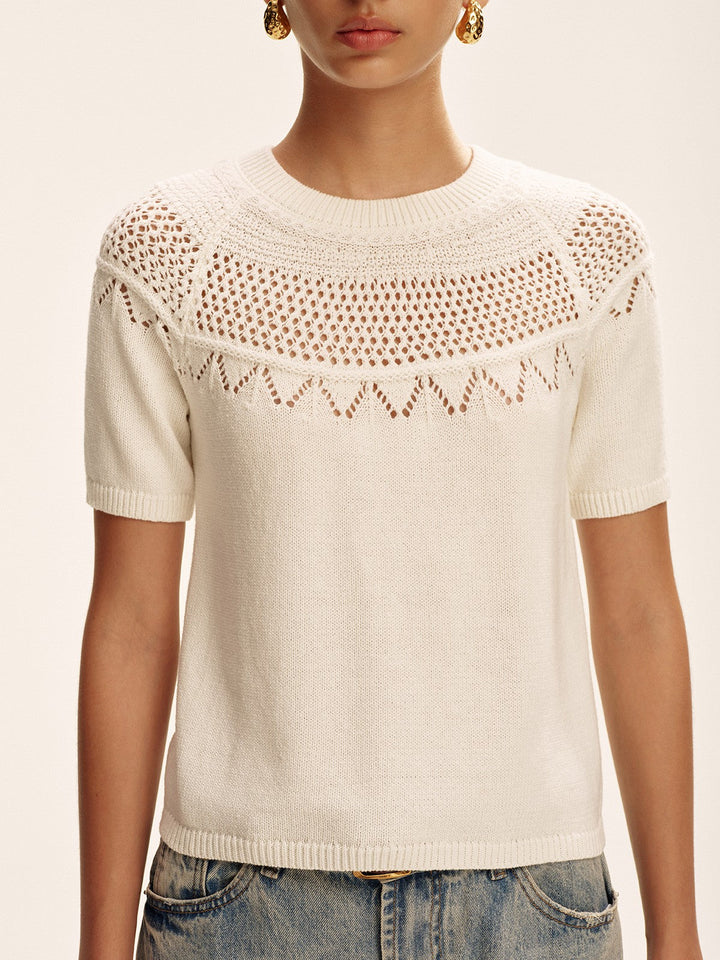 Short-Sleeve Eyelet Knit Sweater
