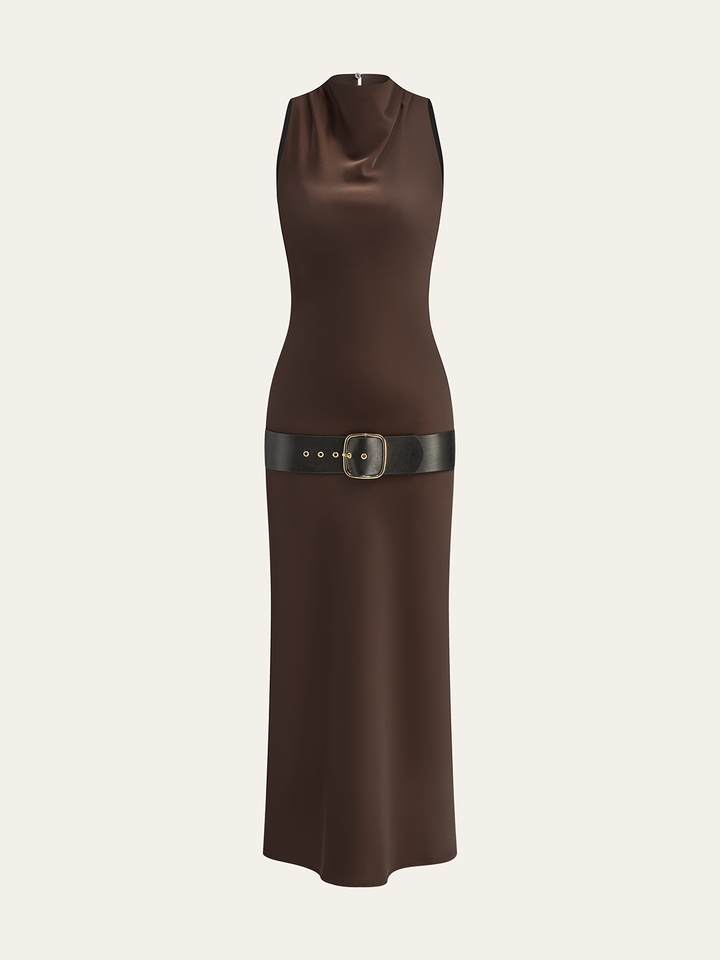 Satin Cowl Neck Midi Dress with Belt