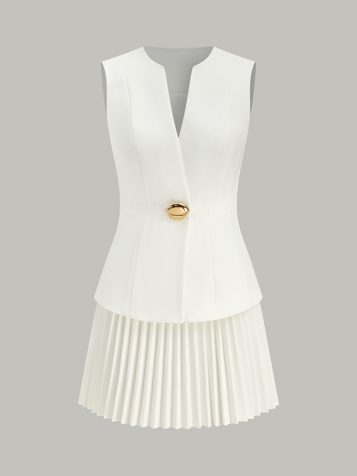 Sleeveless Metal Detail Pleated Mini Dress