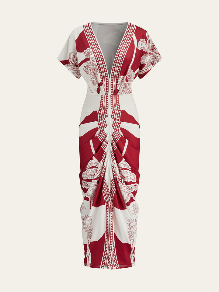 Printed Deep V-Neck Midi Dress Without Belt