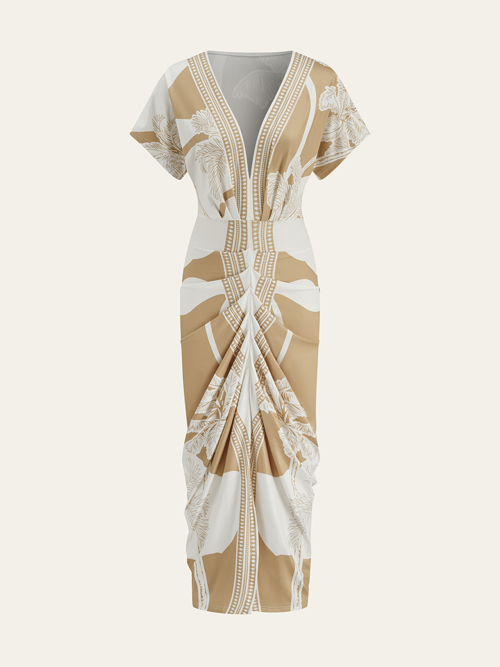 Printed Deep V-Neck Midi Dress Without Belt