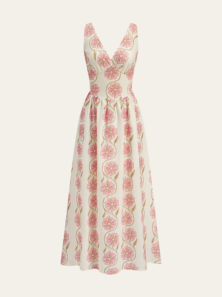 Floral Print V-Neck Backless Maxi Dress