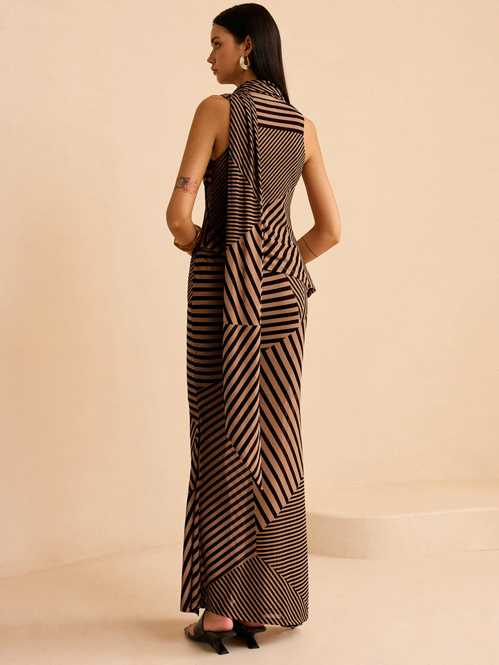 Striped Draped Neckline Skirt Set