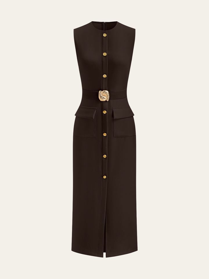 Button-Front Belted Maxi Dress