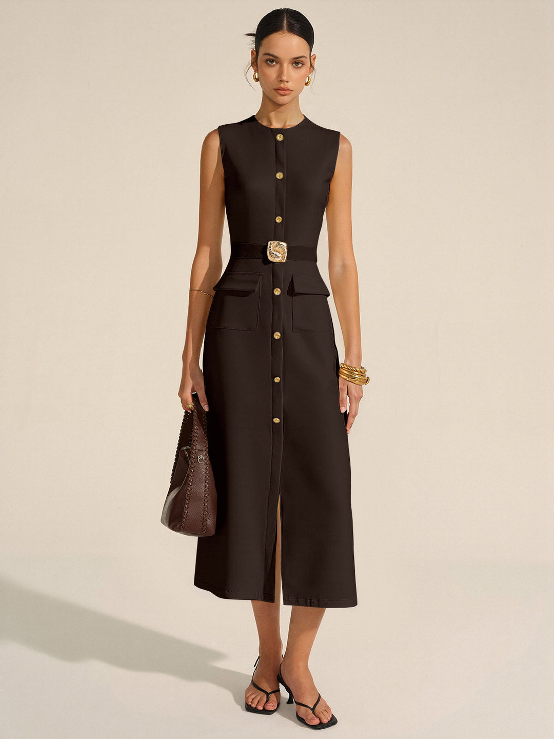 Button-Front Belted Maxi Dress
