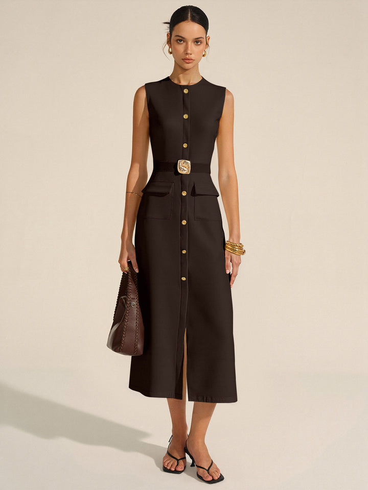 Button-Front Belted Maxi Dress