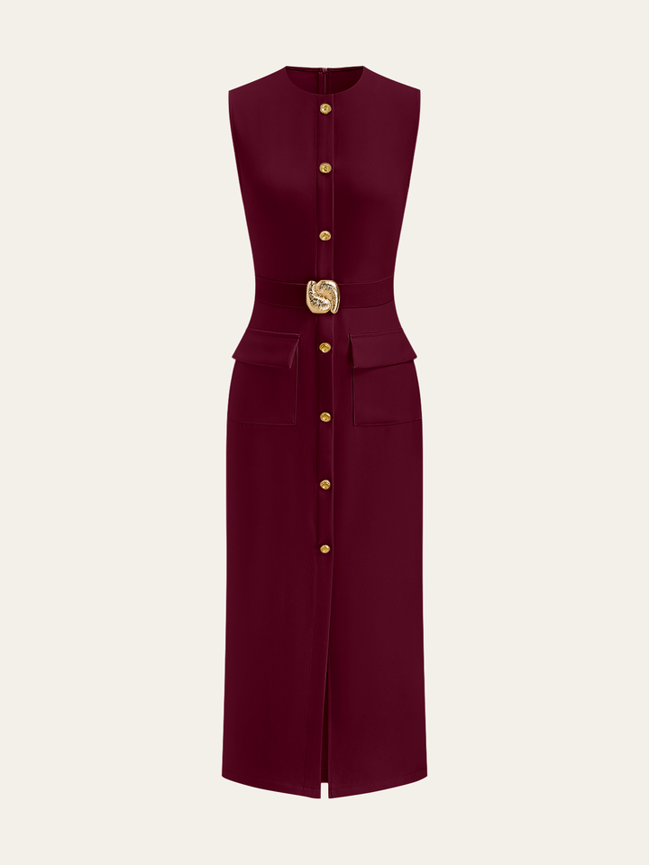 Button-Front Belted Maxi Dress