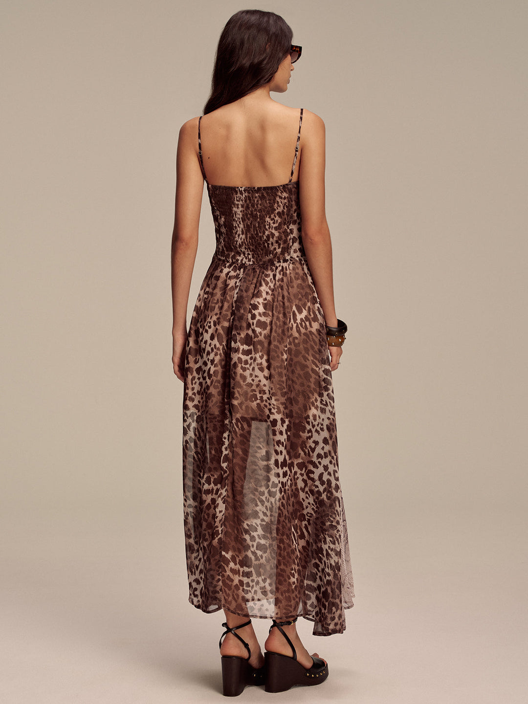 Animal Print Panel Semi-Sheer Mesh Maxi Dress
