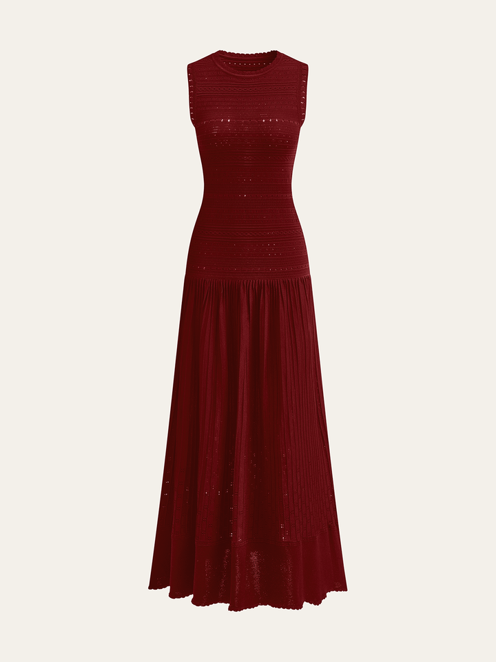 Sleeveless Knit Eyelet Pleated Maxi Dress