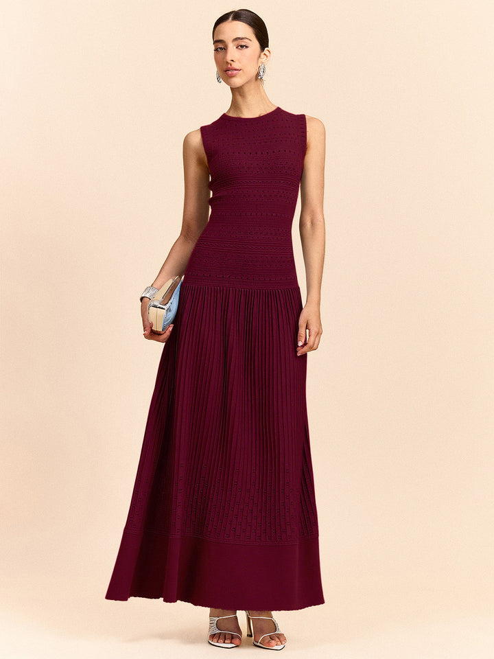 Sleeveless Knit Eyelet Pleated Maxi Dress