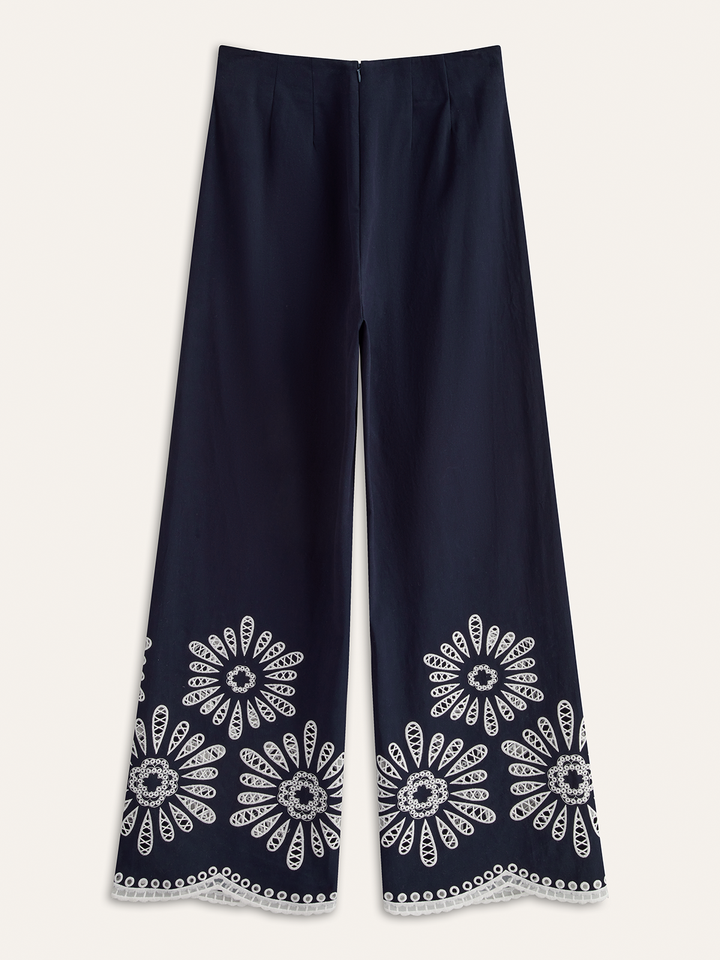 Floral Eyelet Embroidery Cotton Blend Pants