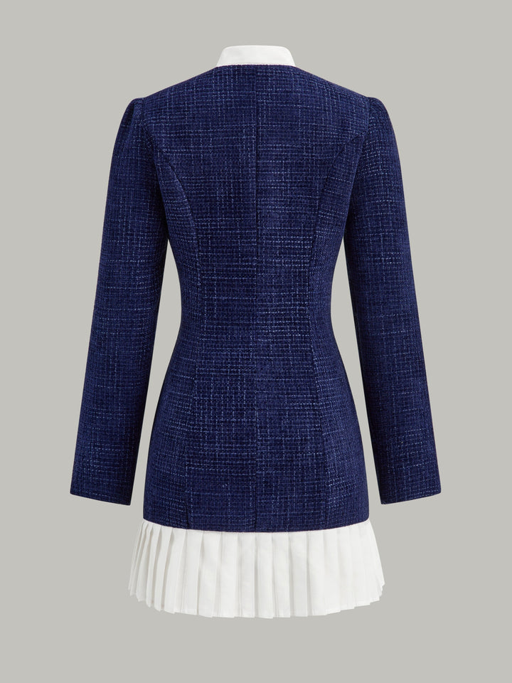 Pleated Hem Bow Neckline Tweed Mini Dress