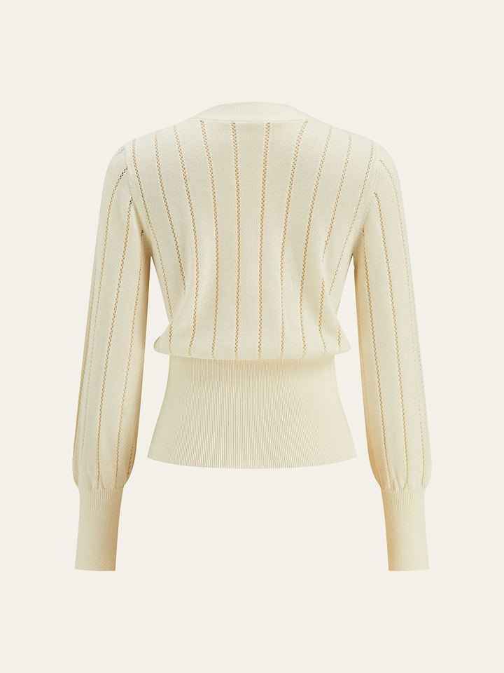 Eyelet-Striped Waist-Cinched Knit Cardigan