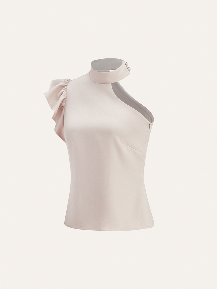 One-Shoulder Ruffled Top and Double-Button Pants Set