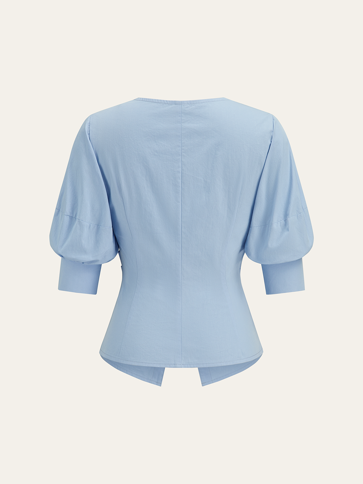 Asymmetric Metal Button Puff-Sleeve Shirt