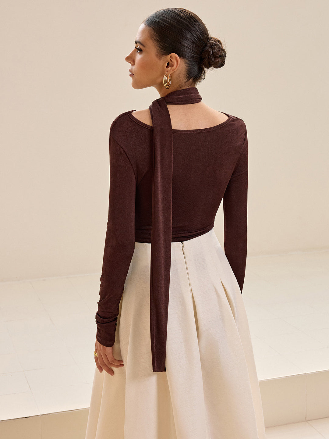 Asymmetric Neck Tie Detail Long-Sleeve T-Shirt