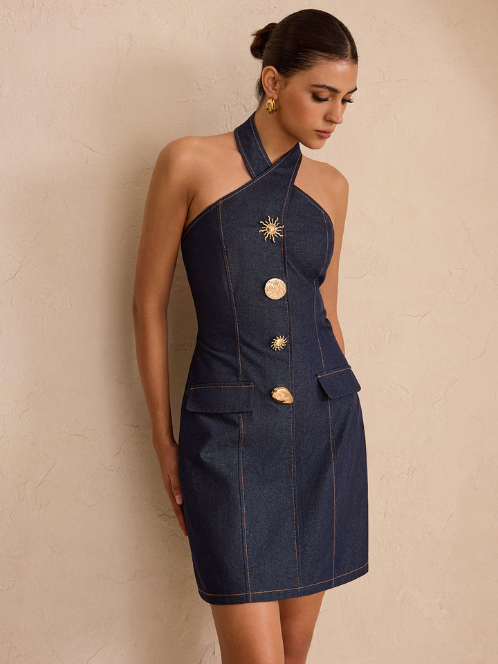 Denim Metal Detail Halter Neck Mini Dress