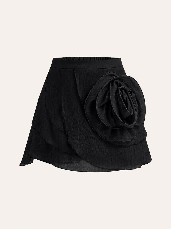 Semi-Sheer Chiffon Draped Skort With 3D Rosette