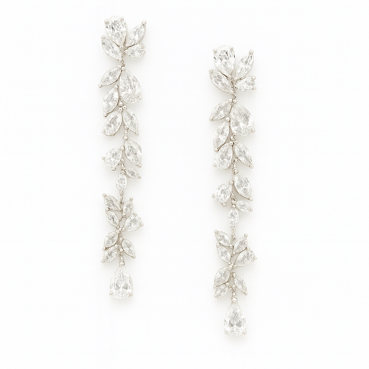 Silver-colored long leaf earrings with zirconia