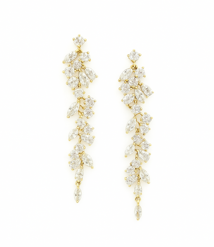 Gold-colored leaf dance earrings with zirconia