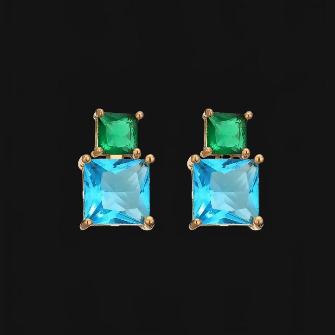 Gold-colored earrings with blue and green zirconias