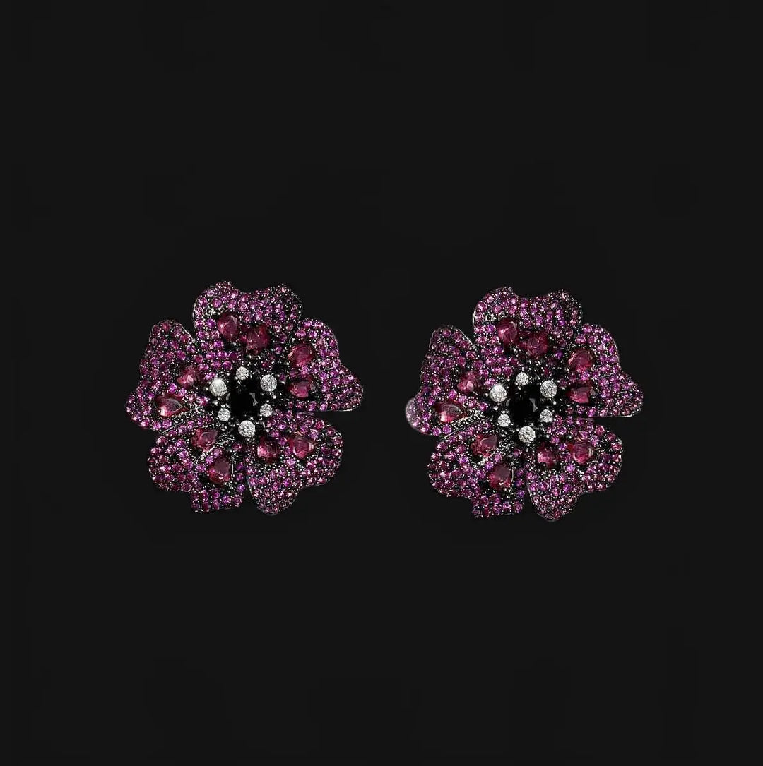 Flower stud earrings with dark pink and white zirconia