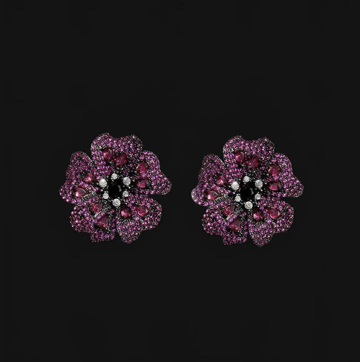 Flower stud earrings with dark pink and white zirconia