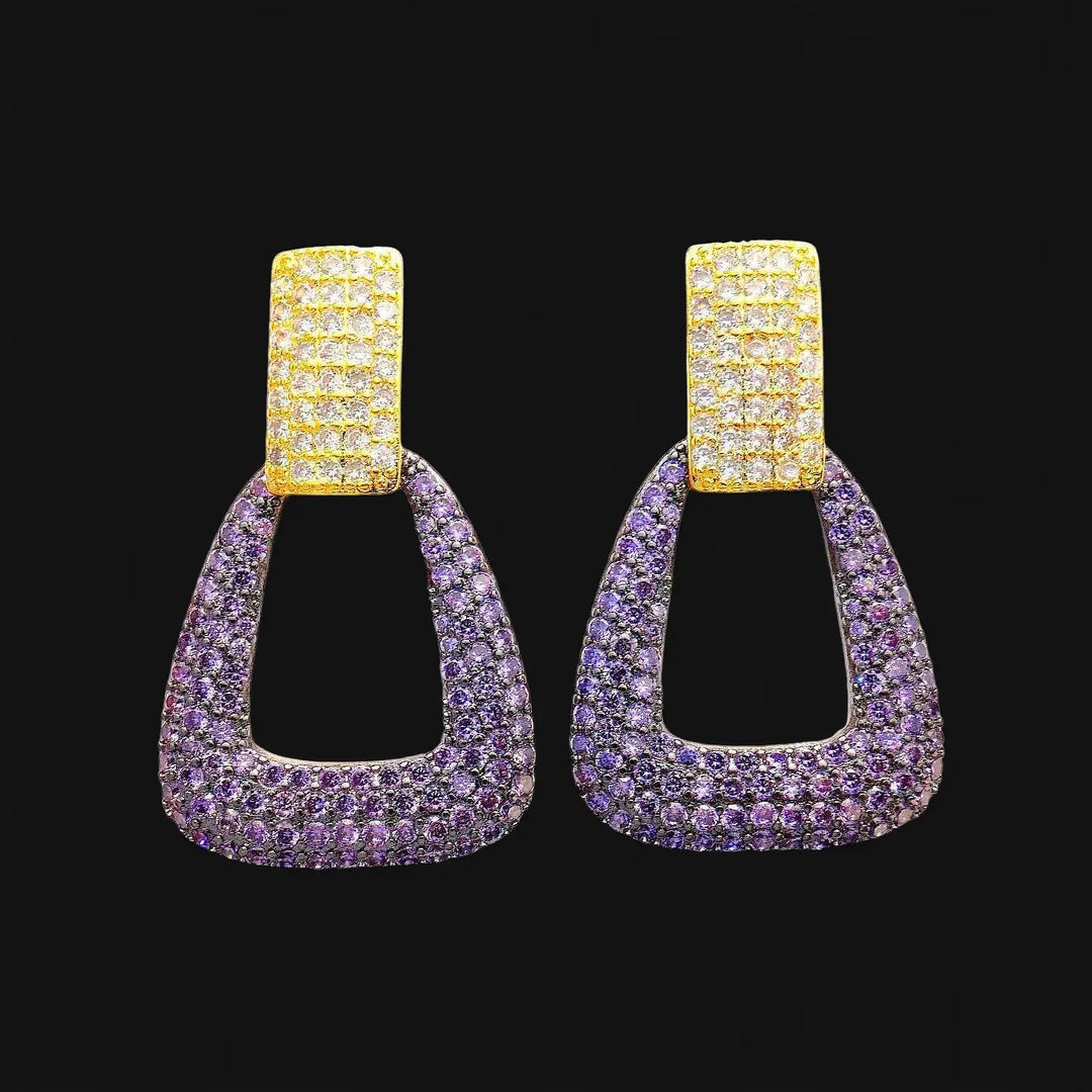 Gold-colored earrings with purple and yellow zirconias