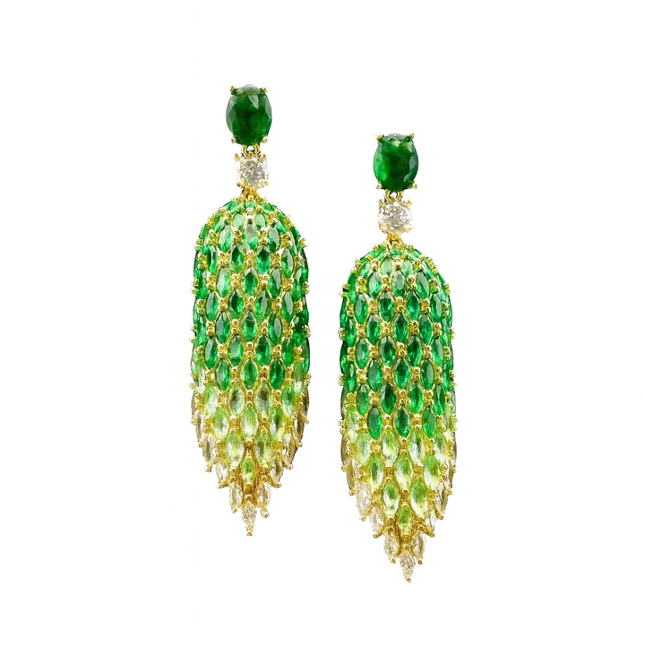 Gold-colored leaf earrings with green zirconia